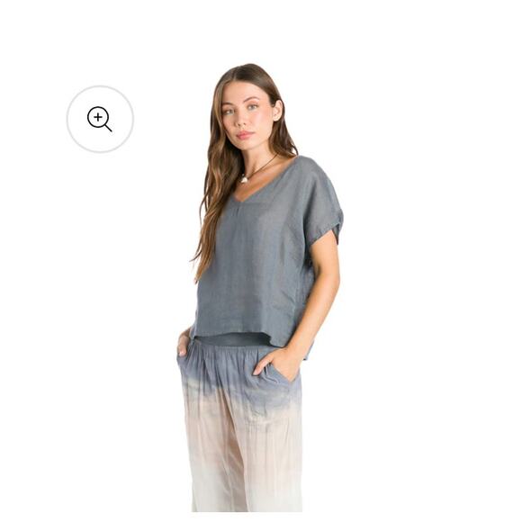 Hard Tail Forever boxy V-neck linen top green minimalist elevated basic S/M boho - Picture 4 of 13